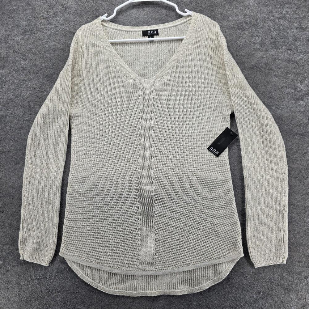 A.n.a Sweater Pullover Womens M White V-Neck Open-Knit Glitter Lightweight